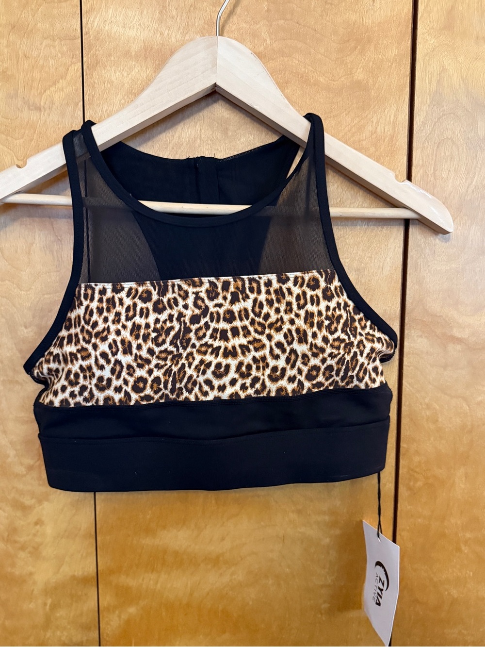 ZYIA Leopard Panel Mesh-Racerback Sports Bra - Black & Brown size medium